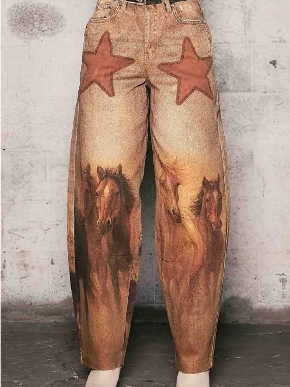 Vintage-Inspired Horse Print Wide Leg Jeans
